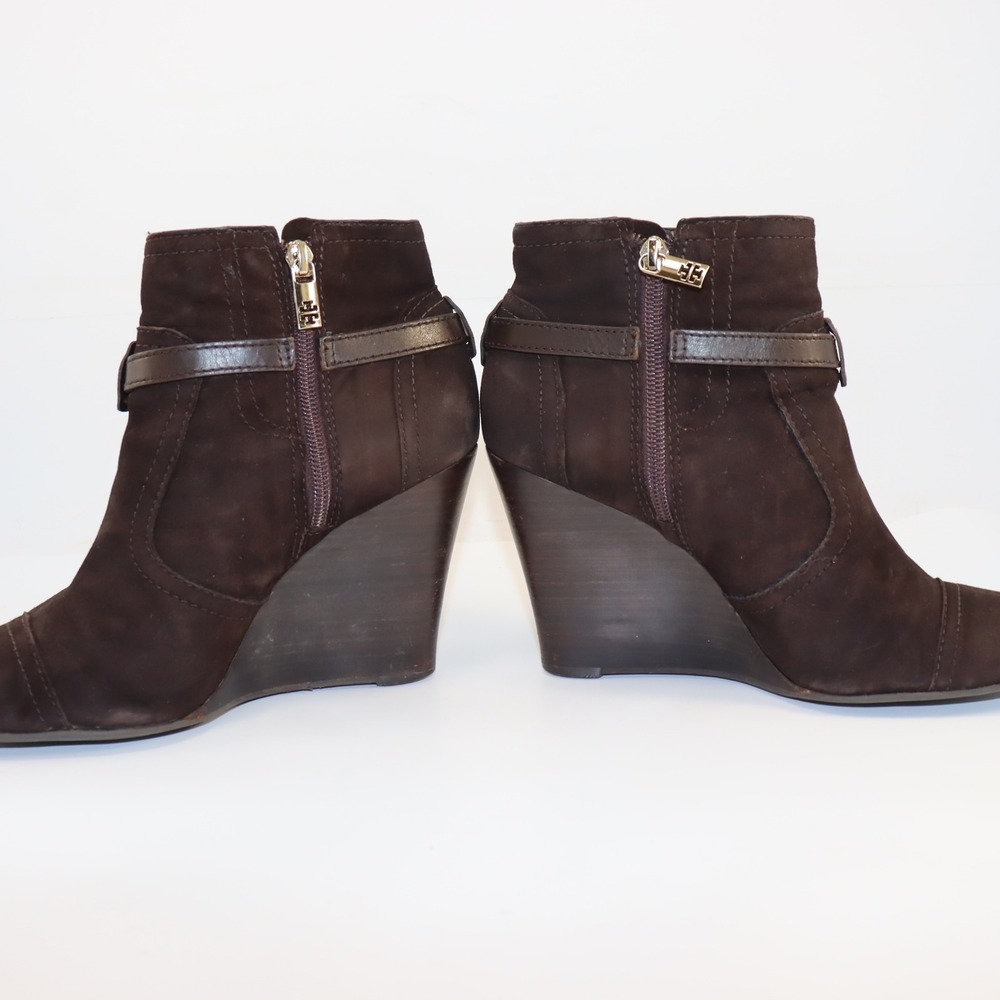Tory Burch Suede Wedge Ankle Boots Women 8.5 Brown Excellent Logo Medallion 4208 - Picture 6 of 7